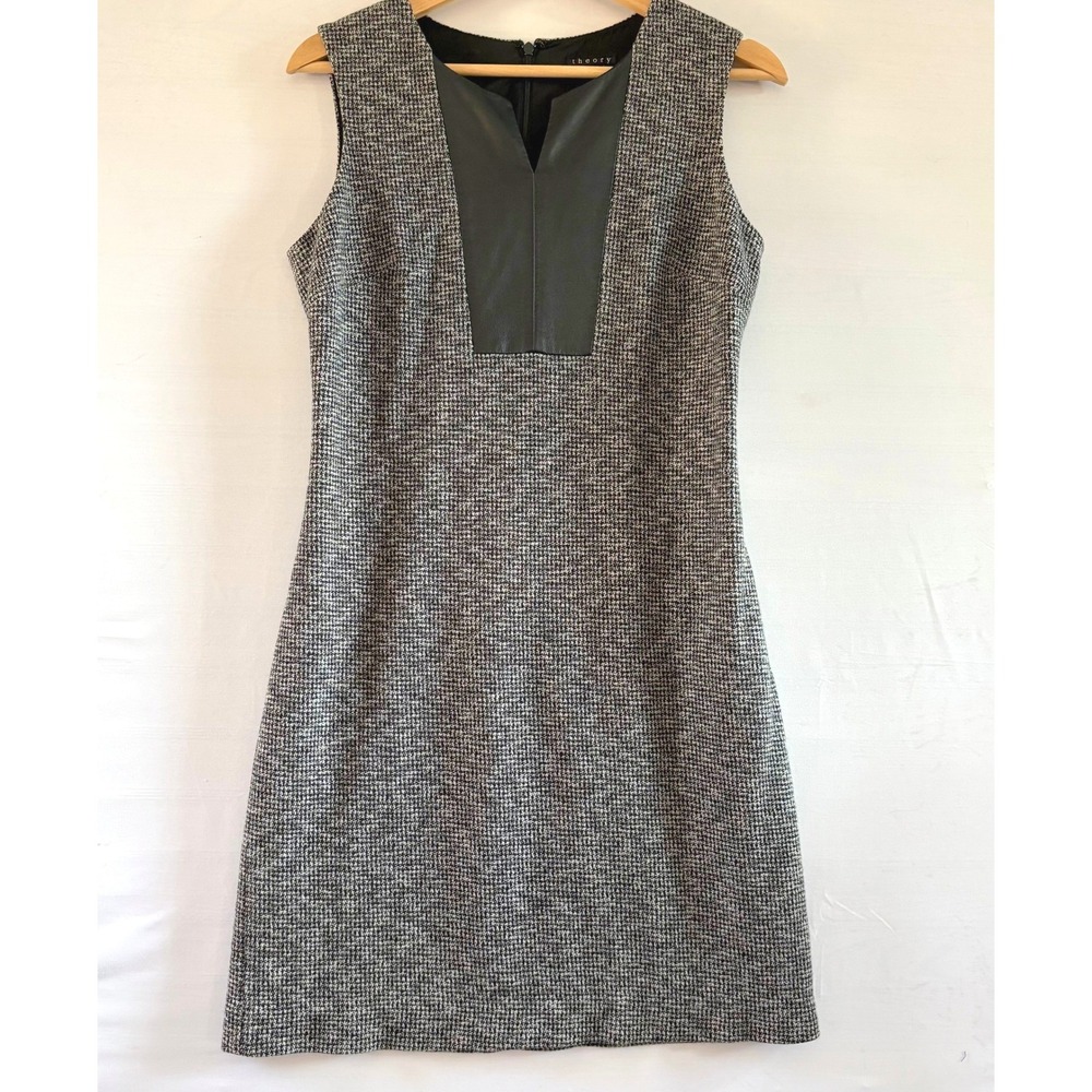 Theory Retha Nana Houndstooth Dress Leather Trim V-Neck E074601R Black White 6